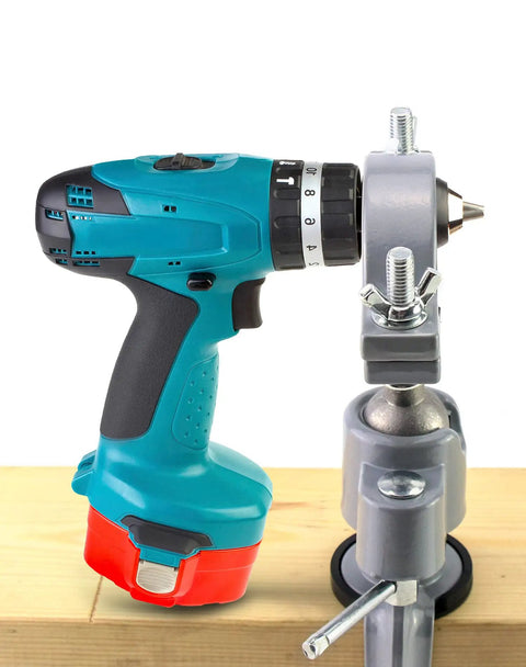 Sturdy Aluminum Alloy Bench Vise Clamp With Breezy 360 Spin And Quick 45 Degree Tilt for electric drill held in a workbench clamp.
