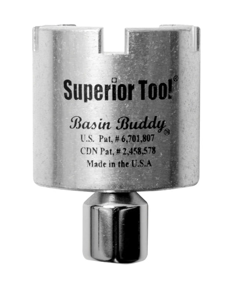 Front view of Basin Buddy Faucet Nut Wrench Grabs Metal PVC Plastic And Coupling Nuts Universal Tool with engraved branding.