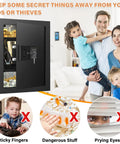 17.72 Inch Tall Fireproof Wall Safe Between Studs With Digital Keypad, Black, Family Setting With Safe Open.