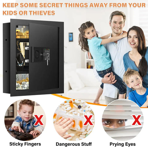 17.72 Inch Tall Fireproof Wall Safe Between Studs With Digital Keypad, Black, Family Setting With Safe Open.