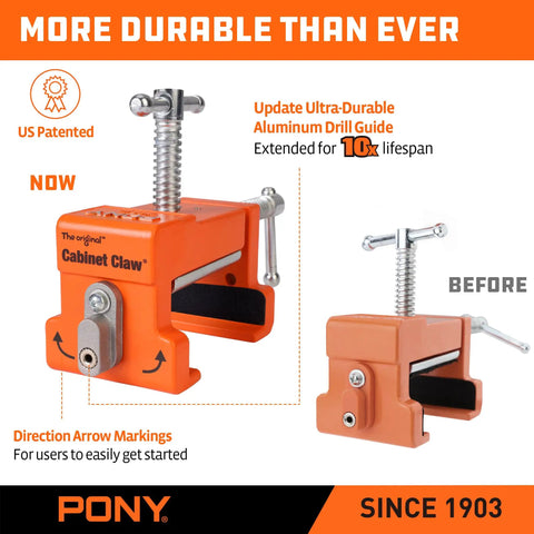 4 Pack Cabinet Clamps Set With 8510 Cabinet Claw for Face Frame Cabinet Installations in orange with direction arrows