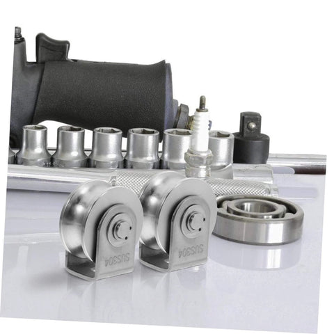 2-Pack Heavy Duty Stainless Steel Pulley Wheels For Sliding Doors And Wire Rope Lifting, Ball Bearing Track Rollers For Smooth Operation, Industrial Grade Pulleys With Durable Corrosion Resistant Design, shown alongside hand tools