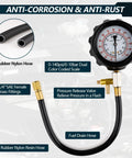 Fuel pressure tester kit with 0-140 psi gauge, rubber nylon hoses, 1/4 in SAE brass fittings, and release valve