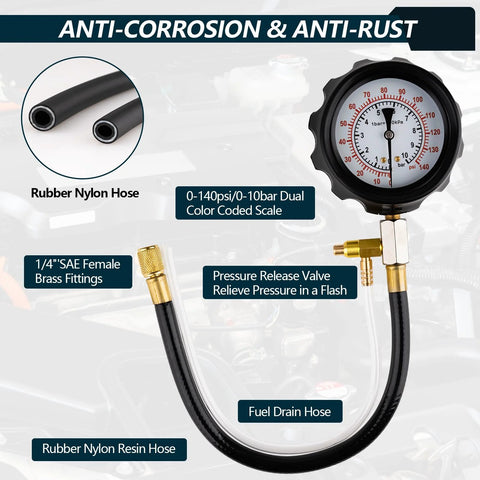 Fuel pressure tester kit with 0-140 psi gauge, rubber nylon hoses, 1/4 in SAE brass fittings, and release valve
