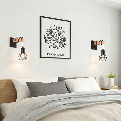 BANGANMA 2 Pack Farmhouse Wall Sconces, Hardwired E26 Wood Cage for Bedroom, features black metal and wood design.