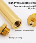 Close-up of Oil Water Separator For PCP Air Compressors With 8mm Quick Connectors High Pressure Air Filter in gold aviation aluminum.