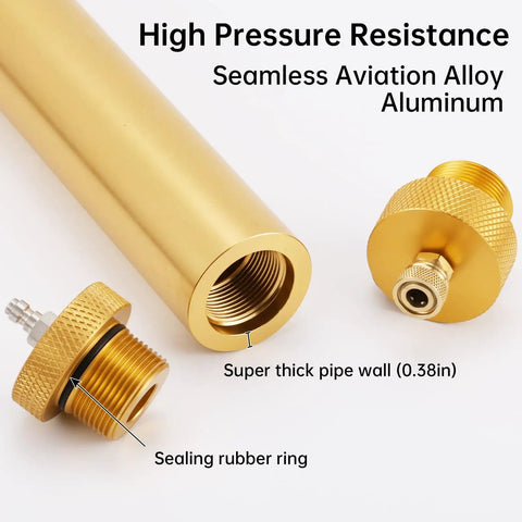 Close-up of Oil Water Separator For PCP Air Compressors With 8mm Quick Connectors High Pressure Air Filter in gold aviation aluminum.