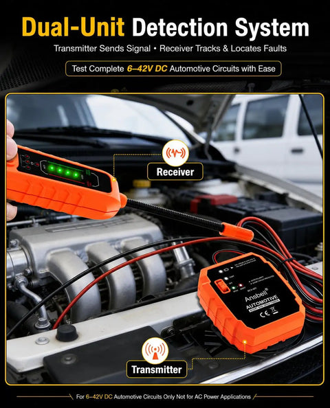 Gearhead Approved Circuit Tracer And Short Open Finder With Synced Led Bars And Audible Tone Generator For Hassle Free DC 6 To 42 V Car Truck Wiring Diagnostics showing transmitter and receiver in automotive setting.