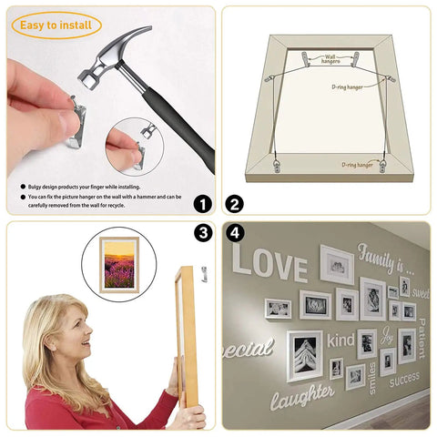 Heavy Duty Picture Hanging Kit With 50 Pcs Hooks And Nails, Supports 10 To 50 Lbs, Easy install shown with hammer and gallery display