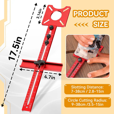 Heavy Duty Aluminum 4 In 1 Router Milling Jig For Zero Hassle Grooves And Flawless Circle Cuts with measurement details and red color.