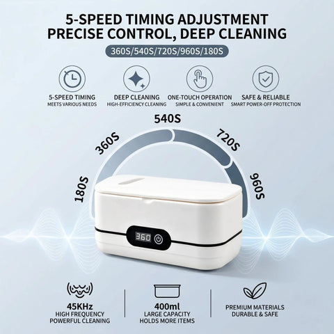 Pro Grade 45khz Ultrasonic Jewelry Cleaner That Cleans As A Whistle With Five Smart Timers And Auto Shutoff Big 400ml Stainless Steel Tub features 5-speed timer control.