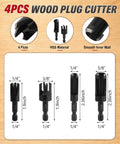 4PCS Wood Plug Cutter Set with HSS material, 1/4" and 3/8" sizes for precise woodworking applications.