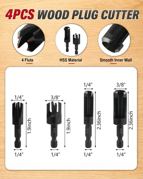 4PCS Wood Plug Cutter Set with HSS material, 1/4" and 3/8" sizes for precise woodworking applications.