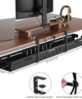 Expandable Under Desk Cable Management Tray Clamp-On For Home Office And Standing Desk, showing installation and dimensions.