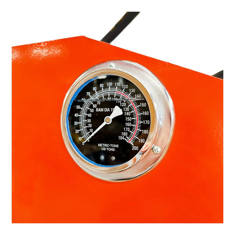 Heavy Duty Industrial Hydraulic Shop Press Delivering 100 Ton Pressing Force And Twin Cylinder Muscle pressure gauge view.
