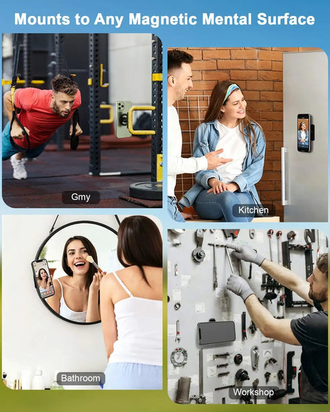 Knockout Magnetic Golf Cart Phone Mount With Heavy Duty Aluminum Bracket Holds Device Locked In Tight On Bumpy Courses So You Can Play Your Best Rounds Without Freaking Out Over Shaky Snap Calls, shown in gym, kitchen, bathroom, workshop.