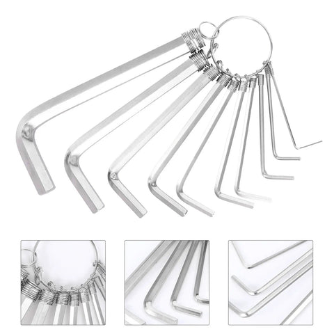 Top Notch 10 Piece Angled Hex Wrench Set With Metal Key Ring, Metric Allen Spanner Tool Kit 1.5 To 10mm For Quick Fixups And Handy Maintenance Work On Any Gear Or Bike. silver hex wrench set on key ring, angled ends and close-up detail