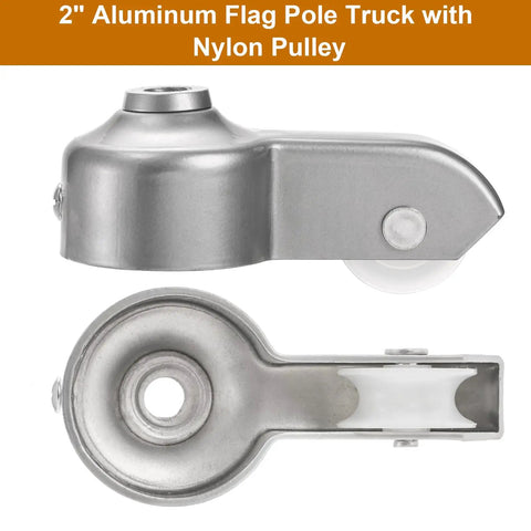 Flag Pole Hardware Kit With 3 Inch Gold Ball Topper, Aluminum Alloy Construction, Weatherproof Flagpole Accessories, 50 Feet Halyard Rope, 4 Inch Cleat Hook With Screws, Four Swivel Snap Hooks, And Pulleys For 2 Inch OD Tubes. 2 inch aluminum flag pole truck with nylon pulley