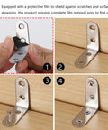 24 Pack Heavy Duty L Brackets With Screws Rust Resistant Stainless Steel Corner Brace installation process with protective film removal.