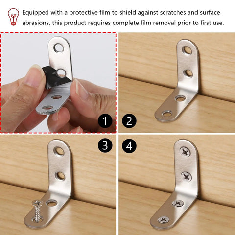 24 Pack Heavy Duty L Brackets With Screws Rust Resistant Stainless Steel Corner Brace installation process with protective film removal.