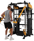 Person using All In One Home Gym System With Smith Machine And Adjustable Lever Arms 2 To 1 Pulley Ratio Commercial Grade Squat Rack