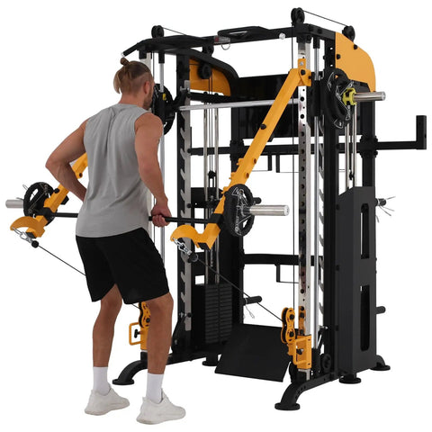 Person using All In One Home Gym System With Smith Machine And Adjustable Lever Arms 2 To 1 Pulley Ratio Commercial Grade Squat Rack