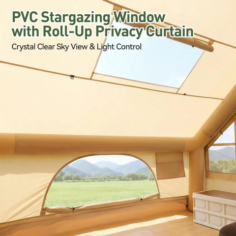 Inflatable Family Camping Tent With Instant Setup showing PVC stargazing window and roll-up privacy curtain interior view