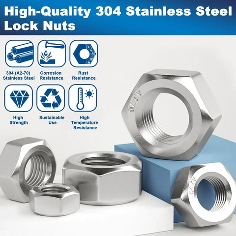 370 Piece Metric Hex Nuts Set With Nine Sizes M2 To M12 In 304 Stainless Steel for DIY projects, shown with hex nuts on display.