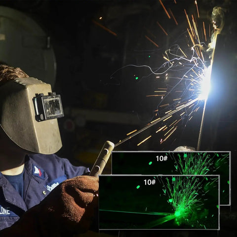 Top Shelf Flippable Welding Mask Kick Ass Detachable Shade Filter Kit With Five Extra Dark Glass Lenses in action during welding.