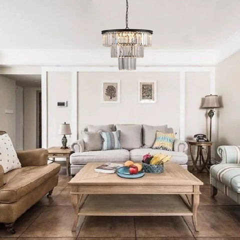 Black Crystal Chandelier 3 Tier Pendant Light Modern Round Ceiling Lamp With Six Lights Hanging Fixture in living room
