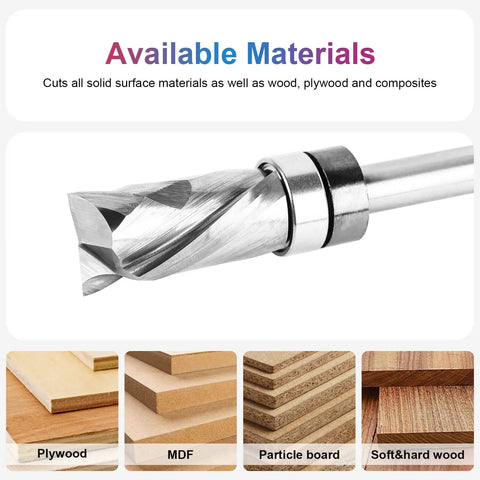 Top Bearing Compression Flush Trim Router Bit Pro Grade Quarter Inch Shank Half Inch Cutting Diameter shown with materials