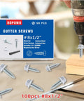 Self Tapping Gutter Screws White Painted Slotted Hex Washer Head Size Eight By One Half Inch Zinc Plated Finish Includes One Quarter Inch Magnetic Hex Driver Hundred Count For DIY Gutter Install showcased with packaging and driver.