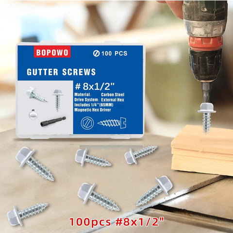 Self Tapping Gutter Screws White Painted Slotted Hex Washer Head Size Eight By One Half Inch Zinc Plated Finish Includes One Quarter Inch Magnetic Hex Driver Hundred Count For DIY Gutter Install showcased with packaging and driver.