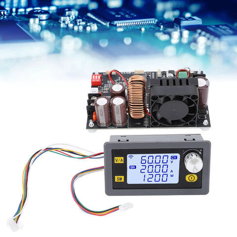 CNC Adjustable Power Supply 0 To 60V 20A 1200W DC Converter With LCD Display shown with circuit board and connectors