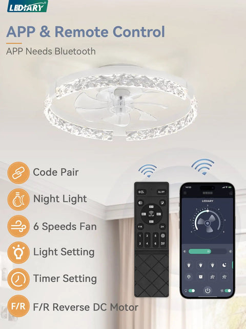 Twenty Inch Low Profile Ceiling Fan With Bright Light Kit Using Super Chill App Remote To Bring You Sweet Crisp Breezes Every Single Day Featuring Six Speeds Reversible Motor And Tunable Lighting Anywhere, displaying the remote control and app for easy operation.