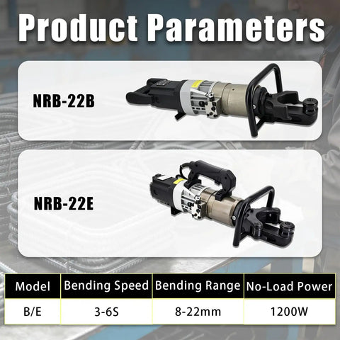 Product Parameters for Heavy Duty Portable Electric Rebar Bender With 1200W Copper Motor Bends Steel Rods From 8 To 22 Mm.