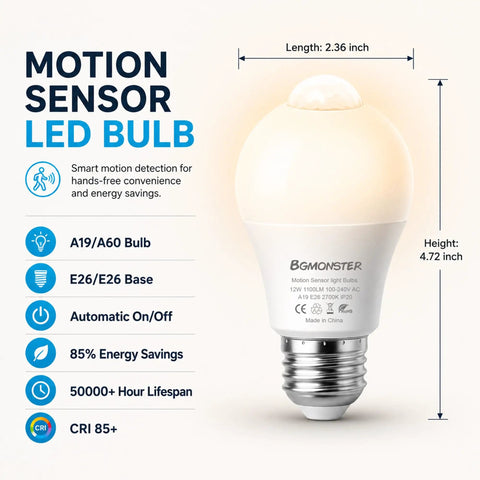 4 Pack Motion Sensor LED Bulbs 12W 100W Equivalent 2700K Warm White Auto On Off Dusk To Dawn Security Lighting For Indoor Outdoor Porch Garage Basement Stairs Energy Efficient Easy Hands Free Light, E26 base bulb