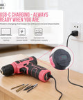 Pink 8V Cordless Drill Set And Tool Kit For Women Lightweight Rechargeable Power Drill Driver with USB-C cable charging