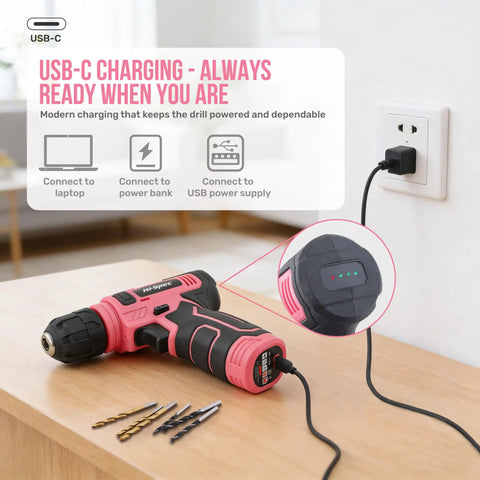 Pink 8V Cordless Drill Set And Tool Kit For Women Lightweight Rechargeable Power Drill Driver with USB-C cable charging