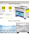 Heavy Duty Ultrasonic Cleaner With 800ml Stainless Tank And Adjustable Heat Settings showing 40kHz frequency and cleaning glasses in water.