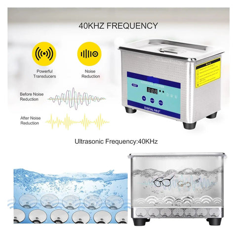 Heavy Duty Ultrasonic Cleaner With 800ml Stainless Tank And Adjustable Heat Settings showing 40kHz frequency and cleaning glasses in water.