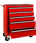 Heavy Duty Rolling Tool Chest With Five Drawer Secure Lock And Cushioned Top Rest Spot Designed For Tough Job Sites And Serious Gear Stash featuring a vibrant red finish and smooth roll wheels.