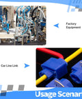 Factory equipment and wire close-up from 150 Pcs Solderless Quick Splice Wire Connectors Kit For 22 To 10 AWG No Strip Tap Crimp Joiners.