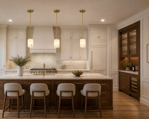 Karjearl Alabaster Pendant Lights Kitchen Island, Modern Gold Hanging Light in bright kitchen over wooden island.