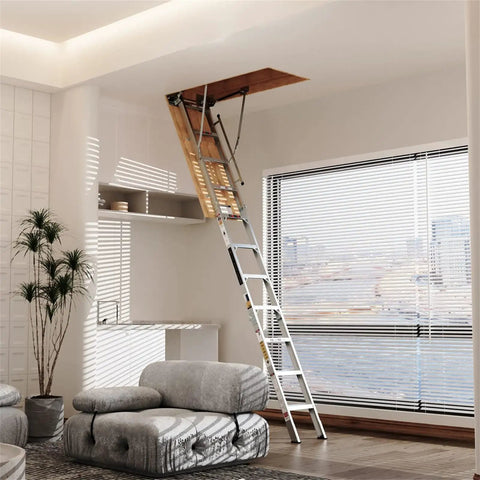 Retractable Attic Ladder For 7 Ft 8 In To 10 Ft 3 In Ceilings, Folding Loft Stairs With Pull-Down Design, Manual Lift, 22.5 By 54 Inches, 375 Lb Capacity, No Fuss Easy Access installed in a living room