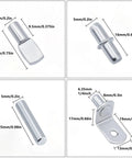 120 Pcs Shelf Pins Kit With Four Styles Nickel Plated Shelf Support Pegs For Bookcases Kitchens Cabinets and Closets. Display of sizes.