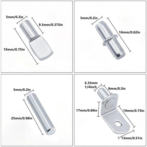 120 Pcs Shelf Pins Kit With Four Styles Nickel Plated Shelf Support Pegs For Bookcases Kitchens Cabinets and Closets. Display of sizes.