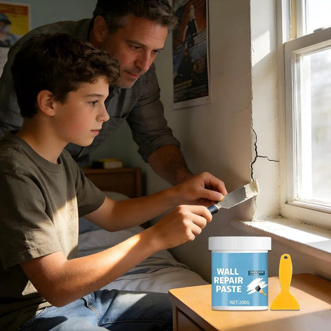 Father and son using wall repair paste near a window, hydrophobic wall putty for quick crack repair and easy go to application.