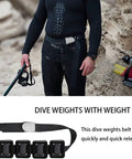 Dive Belt With Coated Lead Weights And Nylon Belt With Metal Quick Release Buckle shown worn by diver