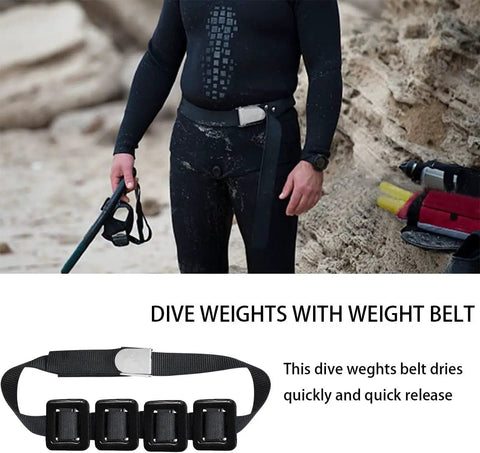 Dive Belt With Coated Lead Weights And Nylon Belt With Metal Quick Release Buckle shown worn by diver